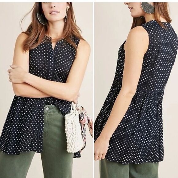 Anthropologie Nia Polka Dot Sleeveless Tunic Top Womens M Babydoll Blouse Preppy - Picture 1 of 7